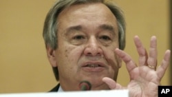 United Nations High Commissioner for Refugees Antonio Guterres gestures during an address to the UNHCR Executive Committee in Geneva October 3, 2011.