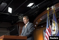 House Speaker John Boehner, an Ohio Republican, says at a news conference on Capitol Hill in Washington that his party would press its fight against the nuclear deal with Iran, Sept. 10, 2015.
