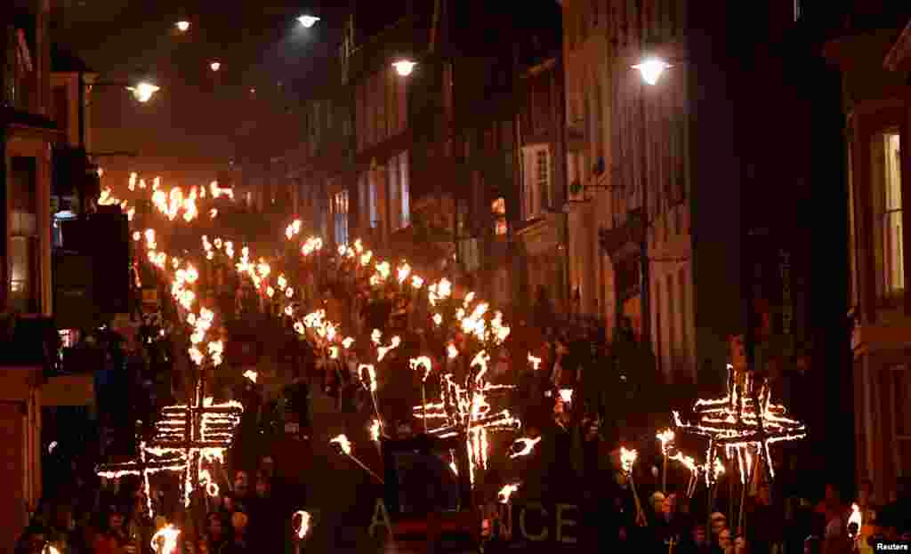 A view of a parade marking the annual Bonfire Night festivities in Lewes, Britain.