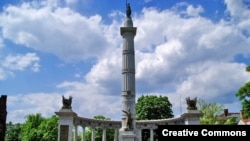 A memorial to Confederate president Jefferson Davis is seen along Monument Avenue in Richmond, Virginia.