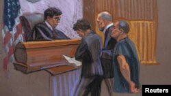 Joaquin "El Chapo" Guzman, right, and defense attorneys Michael Schneider, center right, and Michelle Gelernt are seen in this court sketch in the Brooklyn borough of New York City, Jan. 20, 2017.
