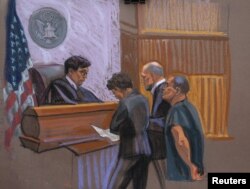 FILE - Joaquin "El Chapo" Guzman, right, and defense attorneys Michael Schneider, center right, and Michelle Gelernt are seen in this court sketch in the Brooklyn borough of New York City, Jan. 20, 2017.
