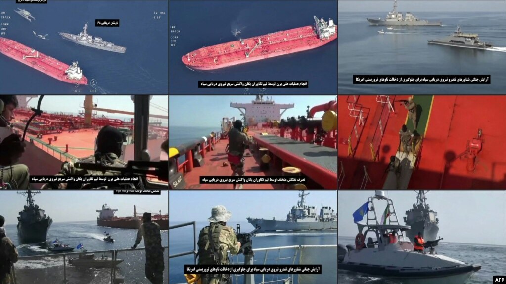 伊朗国家电视台2021年11月3日播放的画面的截屏组图显示伊朗革命卫队在空中支援下在阿曼湾扣住一艘油轮。(photo:VOA)