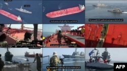 These images from footage broadcast by Iranian state TV Nov. 3, 2021, and captured days earlier reportedly shows Iran's Revolutionary Guards forces capturing a tanker in the Sea of Oman, then thwarting an alleged attempt by the U.S. Navy to seize a vessel carrying Iranian oil. 