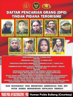 Daftar Pencarian Orang (DPO) Tindak Pidana Terorisme yang memuat foto dan indentitas sembilan anggota kelompok MIT. (Foto: Humas Polda Sulteng)