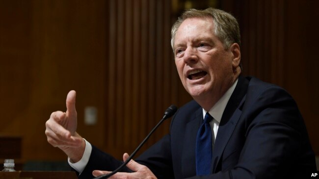 美国贸易代表莱特希泽在华盛顿国会山参议院财政委员会听证会上作证(2019年6月18日)。