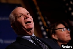 FILE - Senator Ben Cardin, D-MD, speaks at a press conference at the Capitol in Washington, March 15, 2017.