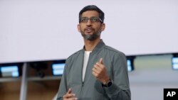 FILE -Google CEO Sundar Pichai speaks during the keynote address of the Google I/O conference in Mountain View, Calif., May 7, 2019. 