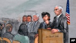 In this courtroom sketch, Boston Marathon bombing suspect Dzhokhar Tsarnaev, second from right, is depicted with his lawyers, left, beside U.S. District Judge George O'Toole Jr., right, as O'Toole addresses a pool of potential jurors in a jury assembly ro