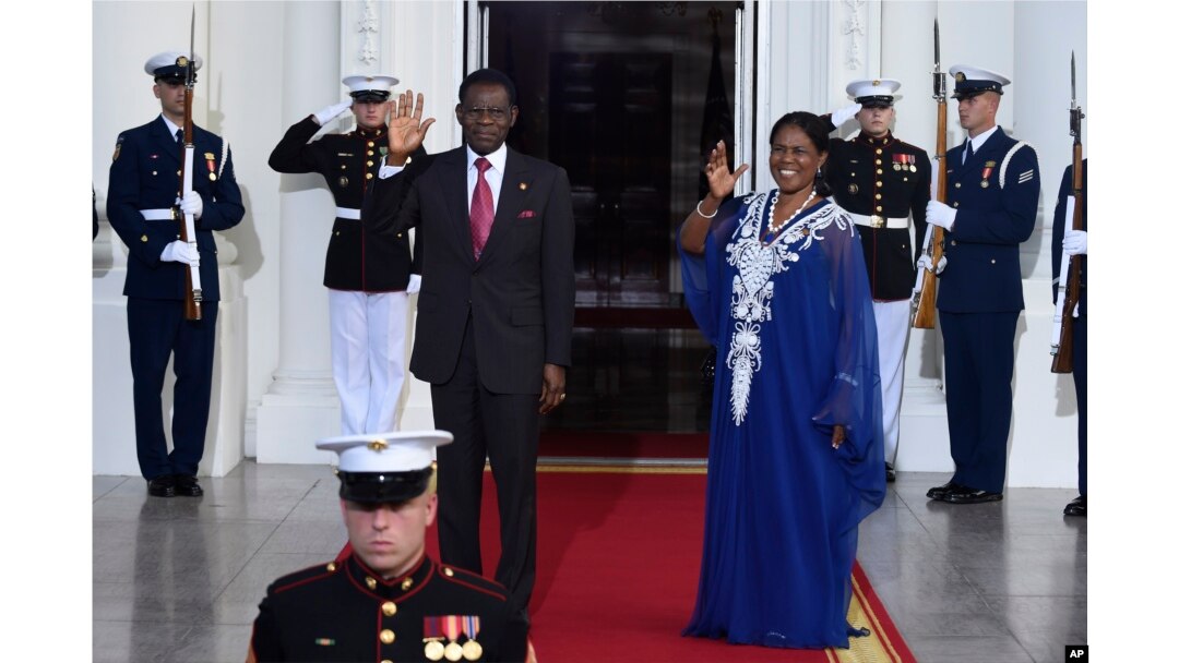 FILE - Teodoro Obiang Nguema Mbasogo, President of the Republic of Equatorial Guinea, and wife Constancia Mangue De Obiang, arrive for a dinner hosted by President Barack Obama for the U.S. Africa Leaders Summit, Aug. 5, 2014.