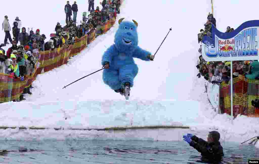 A participant jumps during the Red Bull Jump and Freeze competition at the ski resort of Gudauri, Georgia.