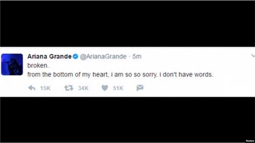 A tweet from U.S. singer Ariana Grande is seen as she makes her first comment since a bombing at her concert in Manchester, England, May 23, 2017.