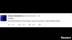 A tweet from U.S. singer Ariana Grande is seen as she makes her first comment since a bombing at her concert in Manchester, England, May 23, 2017.