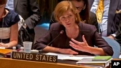 La embajadora Samantha Power se dirige al Consejo de Seguridad de Naciones Unidas.