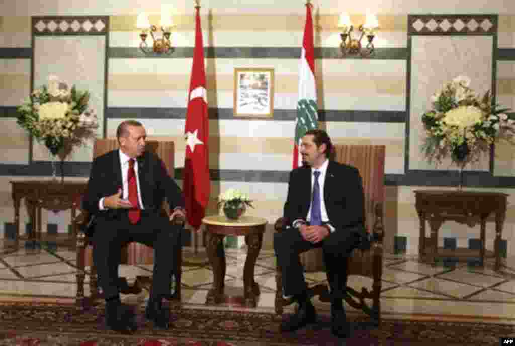 Lebanese Prime Minister Saad Hariri, right, meets with his Turkish counterpart Recep Tayyip Erdogan, left, at the Government House in Beirut, Lebanon, Wednesday, Nov. 24, 2010. Erdogan arrived in Beirut on Wednesday on a two-day visit. (AP Photo/Bilal Hus