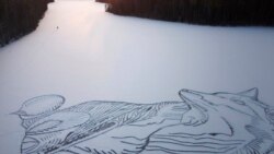 A drawing of a fox is seen on the frozen Pitkajarvi lake north of Helsinki, Finland, Saturday, Dec. 4, 2021. (Pasi Widgren via AP)