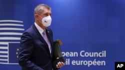 Czech Republic's Prime Minister Andrej Babis arrives for a round table meeting at an EU summit in Brussels, Oct. 21, 2021. 