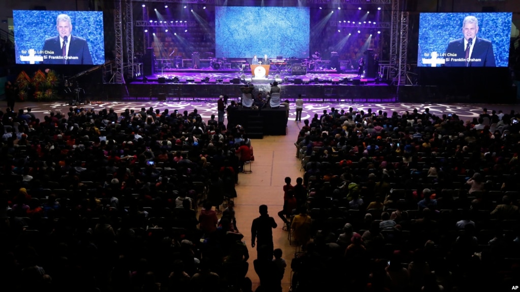 More than 10,000 Vietnamese have filled up a stadium Dec. 8, 2017 in a rare Christian evangelistic event led by the Rev. Franklin Graham, who says he wants the communist government to consider Christians its best citizens. (AP Photo/Hau Dinh)