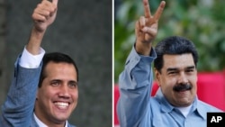 This photo combo of file photos shows opposition leader and self-proclaimed interim president of Venezuela Juan Guaido, left, Feb. 8, 2019, and Venezuela's President Nicolas Maduro, Feb. 7, 2019, both in Caracas, Venezuela.