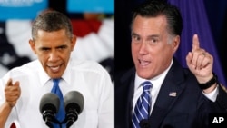 Presiden AS Barack Obama dan penantangnya Mitt Romney dalam kampanye di negara bagian Virginia. (AP/Charles Darapak)