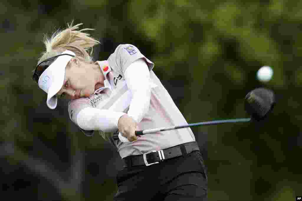 Brooke Henderson of Canada hits during the first round of the KPMG Women&#39;s PGA Championship golf competition in Chaska, Minnesota, United States.