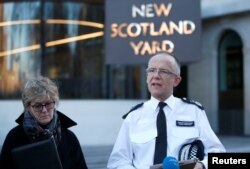 Assistant Commissioner Mark Rowley from the Metropolitan Police and Chief Medical Officer Sally Davies make a statement to the press concerning Sergei Skripal and his daughter, Yulia, who were poisoned by a nerve agent in the center of Salisbury.