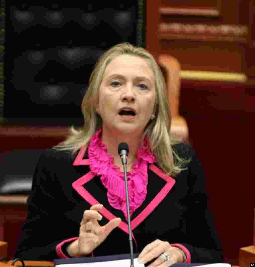 U.S. Secretary of State Hillary Rodham Clinton holds a speech at the Albanian Parliament in capital Tirana Thursday, Nov. 1, 2012. Hillary Clinton arrived in EU-hopeful Albania on the last leg of her Balkans tour where she is expected to urge opposing pol