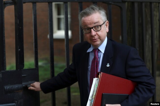 FILE - Britain's Secretary of State for Environment, Food and Rural Affairs Michael Gove leaves 10 Downing Street in London, May 22, 2018.
