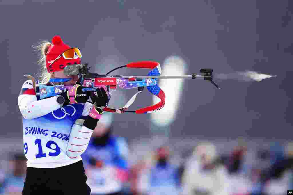 Marketa Davidova of the Czech Republic practices shooting before the women&#39;s 7.5-kilometer sprint competition at the 2022 Winter Olympics, in Zhangjiakou, China. 
