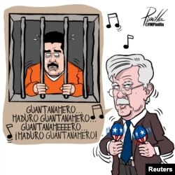 A cartoon caricature of John Bolton, U.S. President Donald Trump's national security adviser, is seen in this image provided by Venezuelan cartoonist Fernando Pinilla that now hangs framed on the wall of Bolton's West Wing office at the White House in Washington, Feb. 27, 2019.