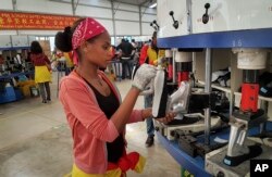 Ethiopian factory workers make shoes at the Chinese company Huajian's plant in Addis Ababa, Ethiopia, Jan. 5, 2017.