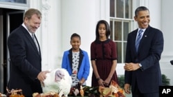 U.S. President Barack Obama (R) pardons the 2011 Thanksgiving Turkey, Liberty, alongside his daughters Sasha (2nd L) and Malia, on the North Portico of the White House, November 23, 2011