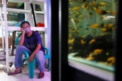 Seorang pedagang ikan hias menunggu pembeli yang sepi akibat pandemi Covid-19 di Jakarta. (Foto: Reuters)