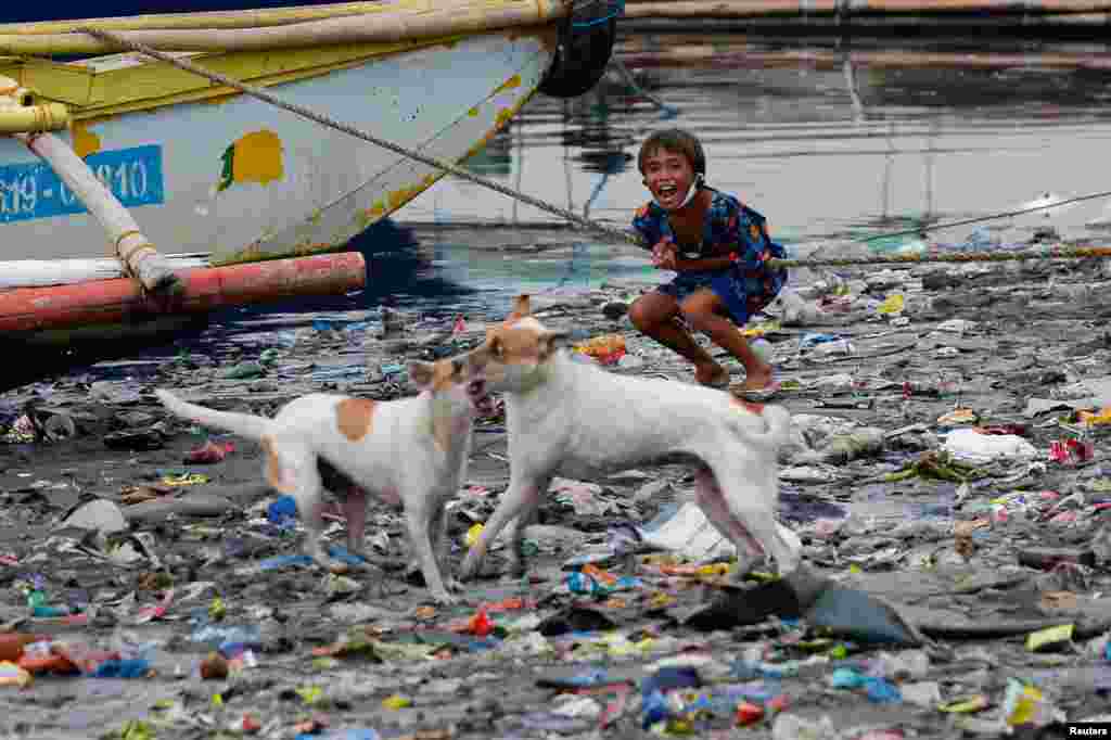 A boy reacts as dogs play along the riverbank of Pasig river in Manila, Philippines.
