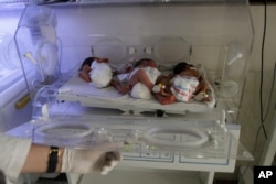 In this May 7, 2015 photo, new born Afghan babies are seen at Indira Gandhi children's hospital, and neonatal ward in Kabul, Afghanistan.