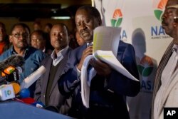 FILE - Opposition leader and presidential candidate Raila Odinga addresses a news conference in Nairobi, Kenya, Aug. 9, 2017.