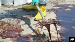 Workers along the US Gulf of Mexico try to clean up the oil coming ashore from the ruptured well.