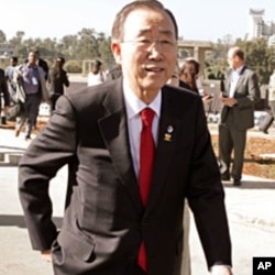 U.N. Secretary-General Ban Ki-moon arrives for the 18th African Union (AU) Summit in Ethiopia's capital Addis Ababa, January 29, 2012
