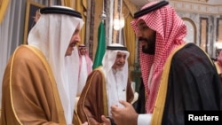 Saudi Arabia's Crown Prince Mohammed bin Salman, right, shakes hands with a member of the royal family during an allegiance pledging ceremony in Mecca, Saudi Arabia June 21, 2017.