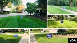 Những tấm bảng thể hiện sự ủng hộ liên danh tranh cử Trump-Pence trong một số khu dân ở Warren và Sterling Heights, Michigan