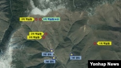 한국 국방부가 제공한 북한 풍계리 핵실험장 위성 사진. 지난 5차례의 핵실험 지점과, 지하갱도 입구 위치가 표시돼있다.