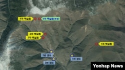 한국 국방부가 제공한 북한 풍계리 핵실험장 위성 사진. 지난 5차례의 핵실험 지점과, 지하갱도 입구 위치가 표시돼있다. 한국 군은 핵실험장 3번 갱도에서 핵실험 준비를 마친 정황을 포착했다고 밝혔다.
