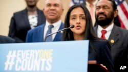 FILE - Leadership Conference for CivilaAnd Human Rights President and CEO Vanita Gupta speaks at a news conference on Capitol Hill in Washington, May 8, 2018, on the Trump administration's decision to add a new question on citizenship to the 2020 Census. 