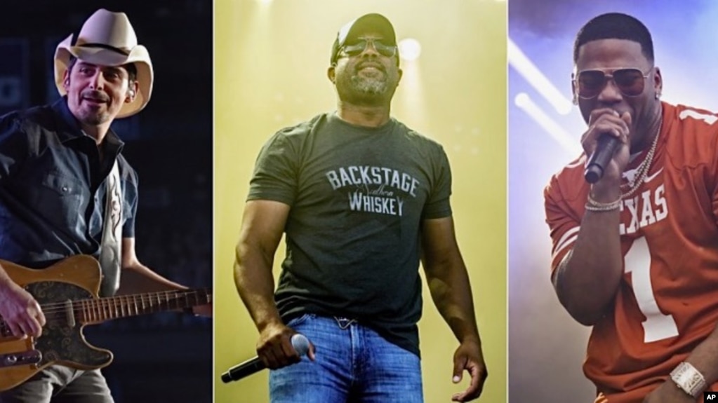 This combination photo shows, from left, Brad Paisley, Darius Rucker and rapper Nelly, who will participate in Live Nation's “Live from the Drive-In,” concert series taking place July 10-12. (AP Photo)