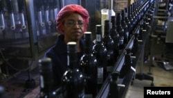 A worker checks the certification labels on wine bottles on a conveyor belt at the Rostberg bottling plant near Cape Town, November 29, 2012.