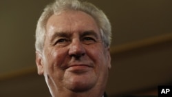 Presidential candidate Milos Zeman reacts after the announcement of the preliminary results of the presidential elections in Prague, Czech Republic, January 26, 2013.