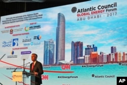 FILE - Jon Huntsman Jr., Chairman of Atlantic Council, speaks at the Atlantic Council Global Energy Forum in Abu Dhabi, United Arab Emirates, Jan. 12, 2017.