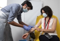 FILE - In this handout photo released by the University of Oxford a doctor takes blood samples for use in a coronavirus vaccine trial in Oxford, England, Thursday June 25, 2020.