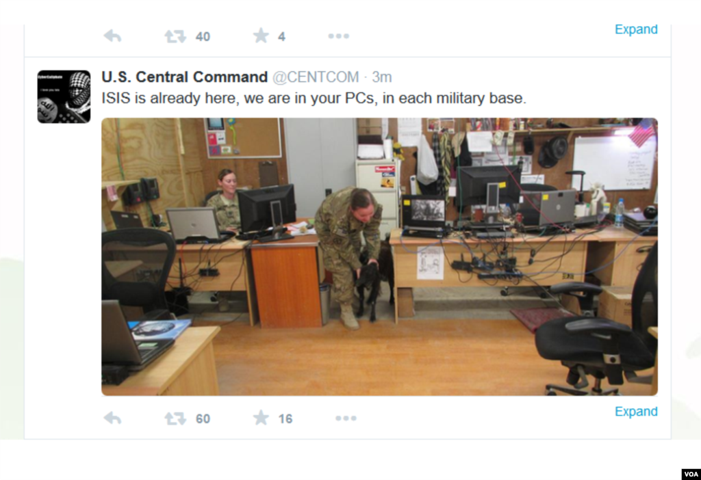 Screen shot of the U.S. Central Command Twitter account that was taken over by hackers who say they are loyal to the Islamic State group Jan. 12, 2015.