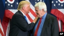 FILE - Republican Presidential candidate Donald Trump and former House Speaker Newt Gingrich share the stage during a campaign rally in Cincinnati, July 6, 2016. Gingrich is expected to be part of President Trump's leadership team, either as secretary of state or White House chief of staff. 